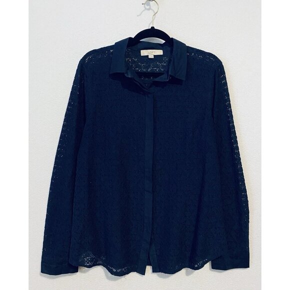 LOFT Top Womens XL Navy Blue Lace Button Up Long Sleeve Cottagecore Romantic - Picture 1 of 6
